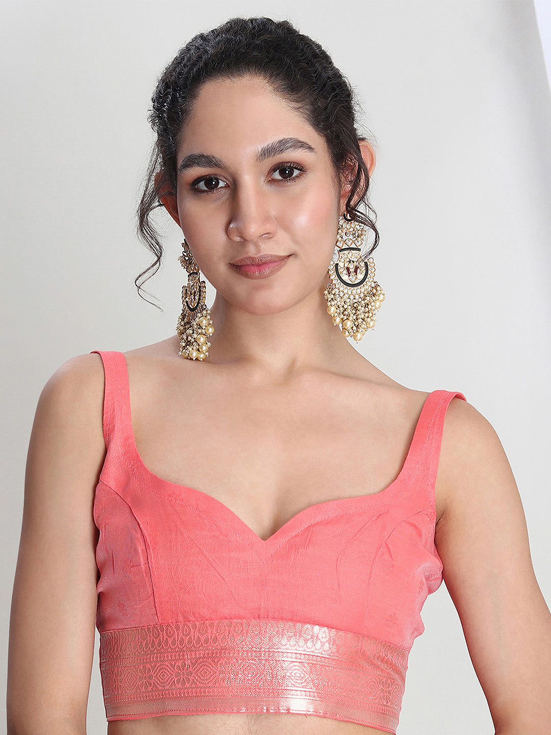 Janasya Peach Silk Blend Leaf Motifs Jacquard Saree - Distacart