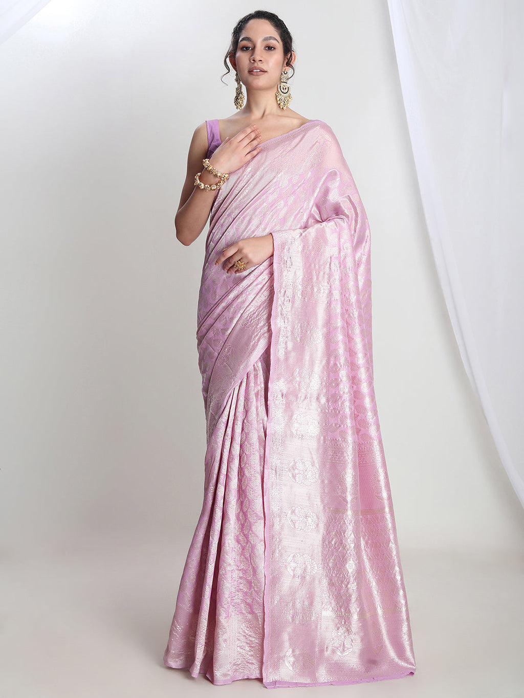 Janasya Lavender Silk Blend Leaf Motifs Jacquard Saree - Distacart