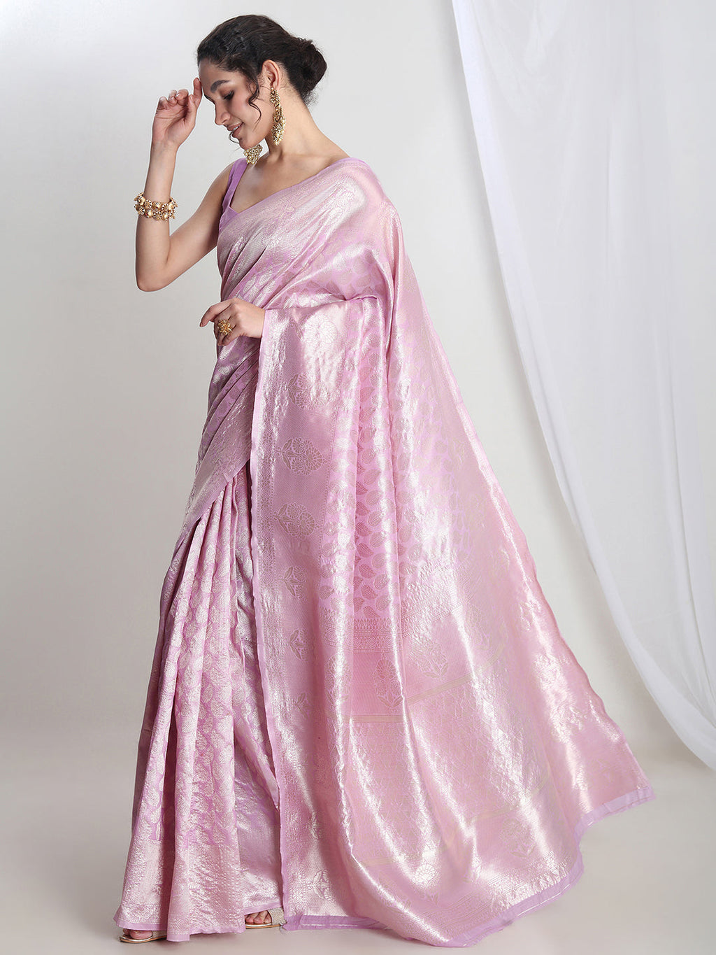 Janasya Lavender Silk Blend Leaf Motifs Jacquard Saree - Distacart