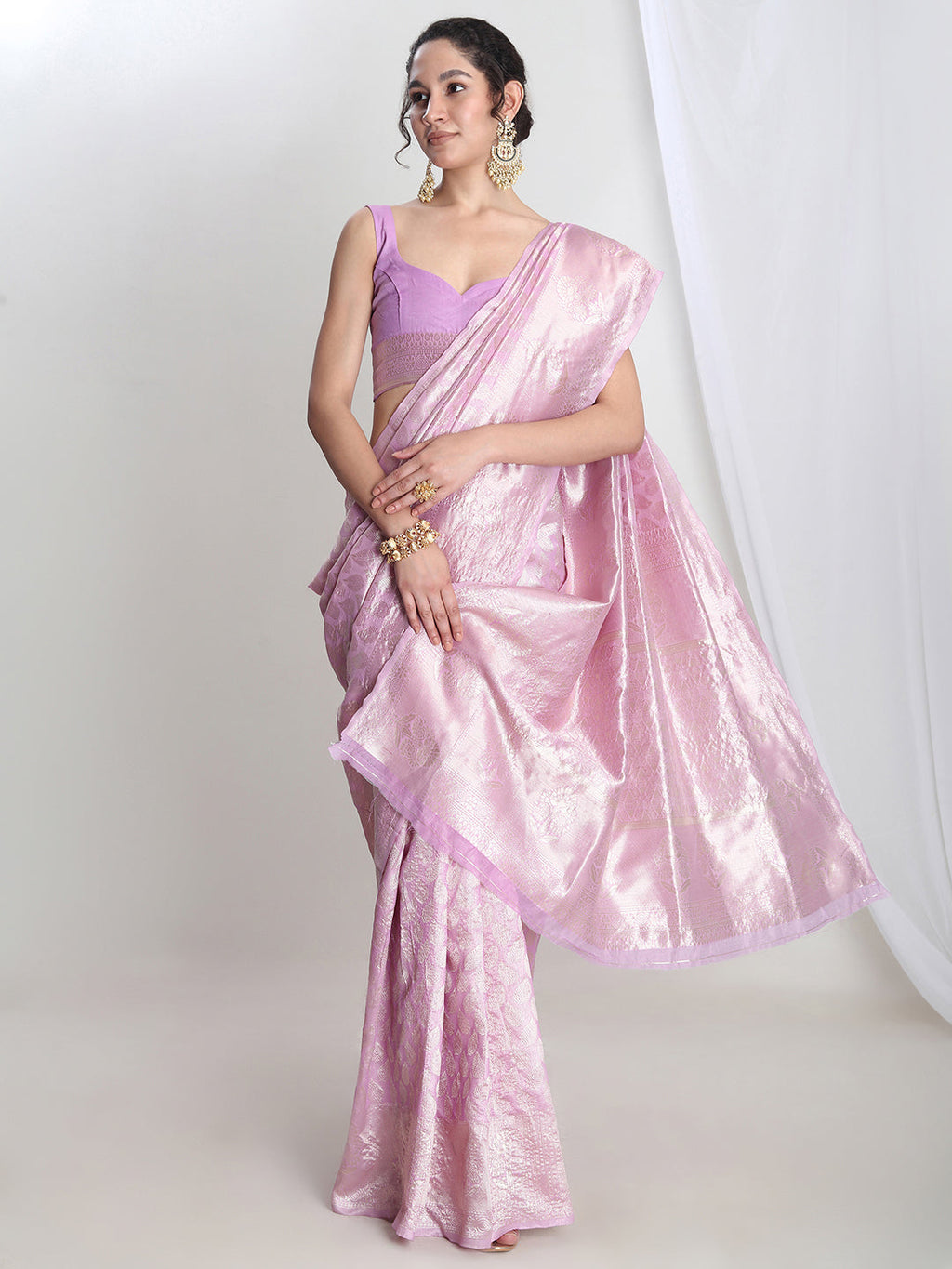 Janasya Lavender Silk Blend Leaf Motifs Jacquard Saree - Distacart
