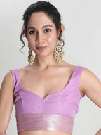 Janasya Lavender Silk Blend Leaf Motifs Jacquard Saree - Distacart