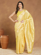 Janasya Yellow Silk Blend Leaf Motifs Jacquard Saree - Distacart