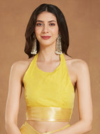 Janasya Yellow Silk Blend Leaf Motifs Jacquard Saree - Distacart