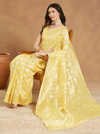 Janasya Yellow Silk Blend Geometric Jacquard Saree - Distacart