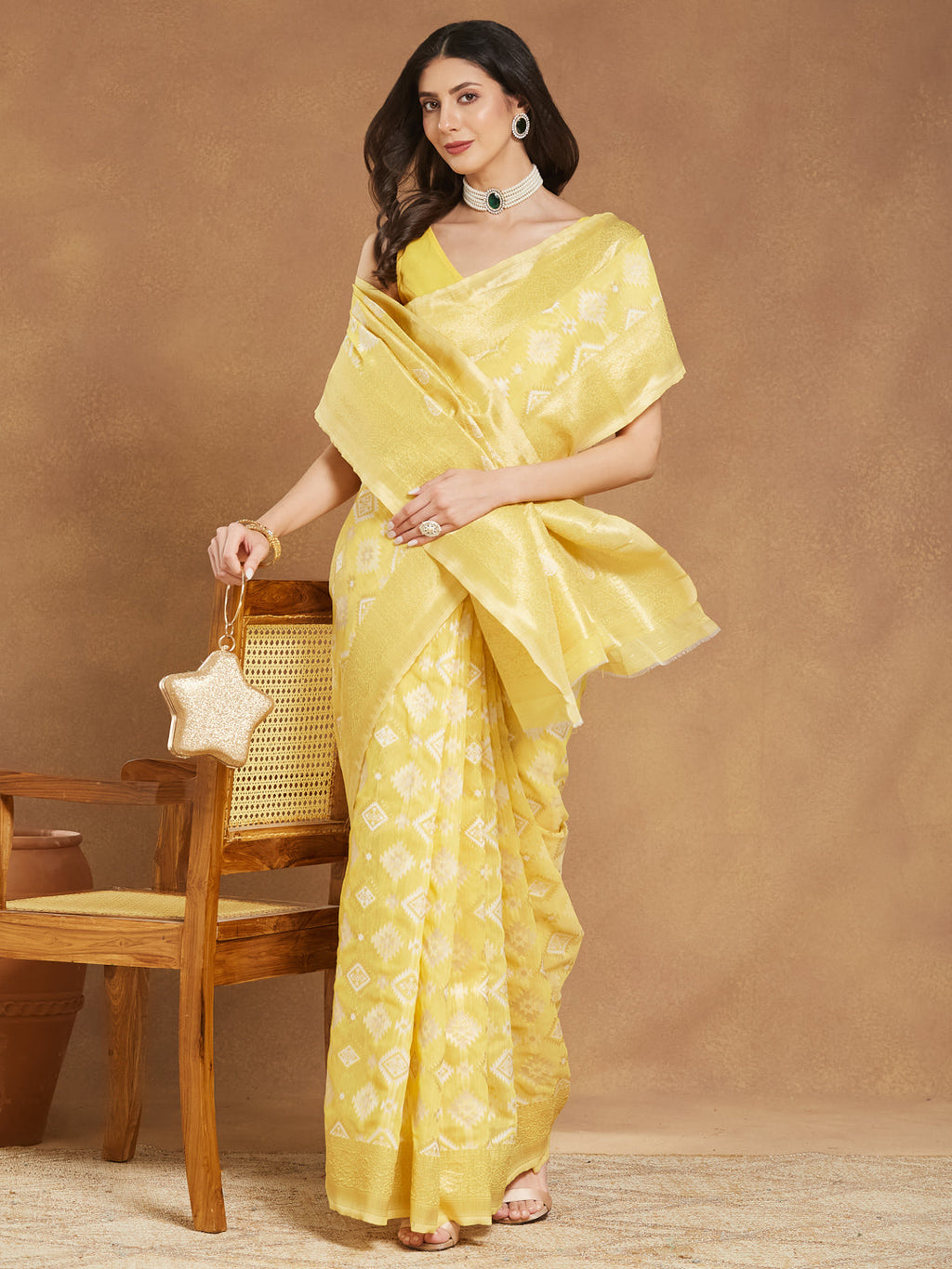 Janasya Yellow Silk Blend Geometric Jacquard Saree - Distacart