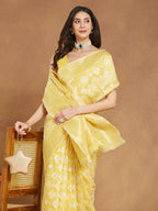 Janasya Yellow Silk Blend Geometric Jacquard Saree - Distacart