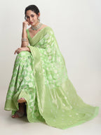 Janasya Green Silk Blend Geometric Jacquard Saree - Distacart