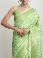Janasya Green Silk Blend Geometric Jacquard Saree - Distacart