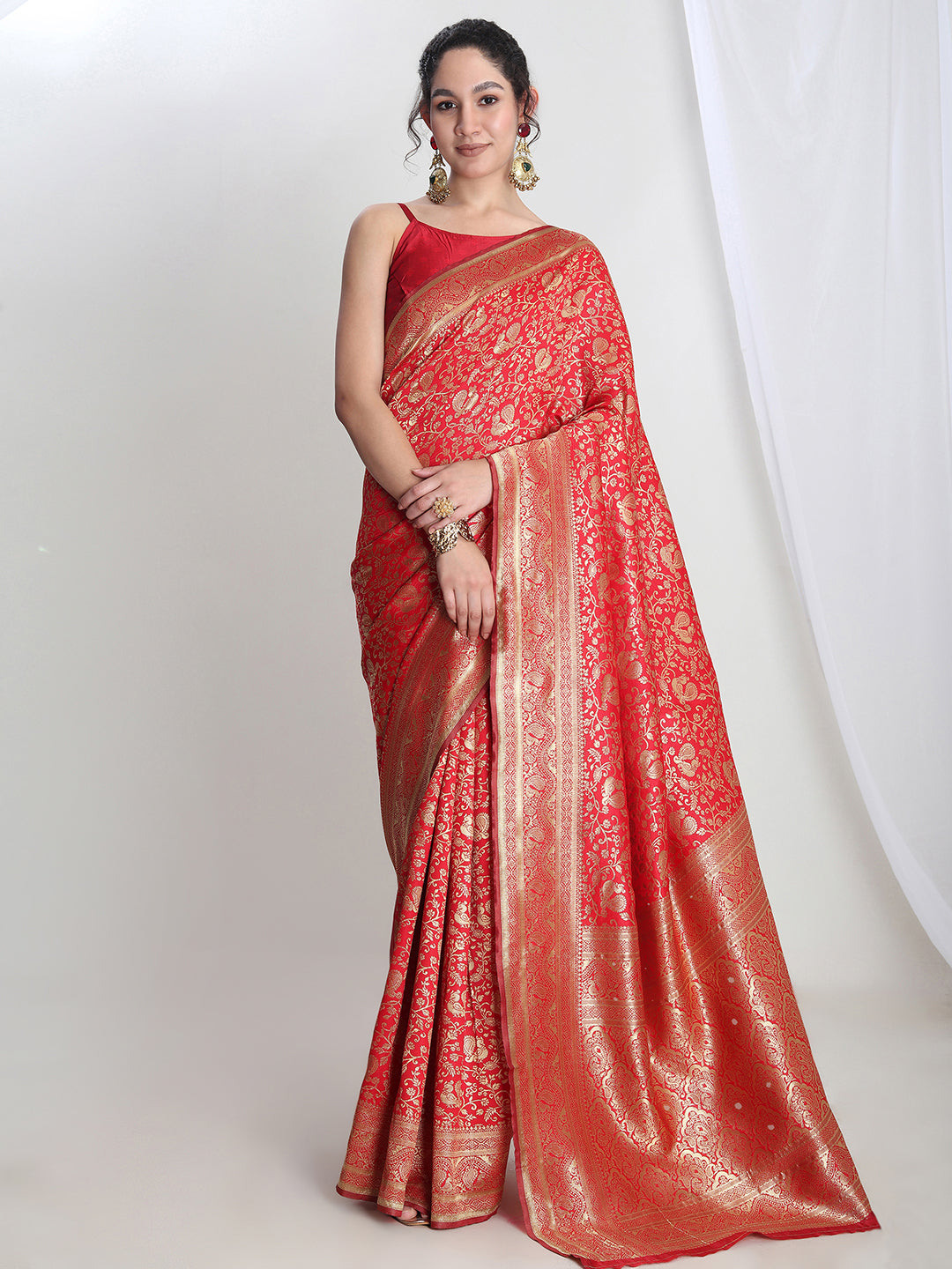 Janasya Red Silk Blend Floral Jacquard Saree - Distacart