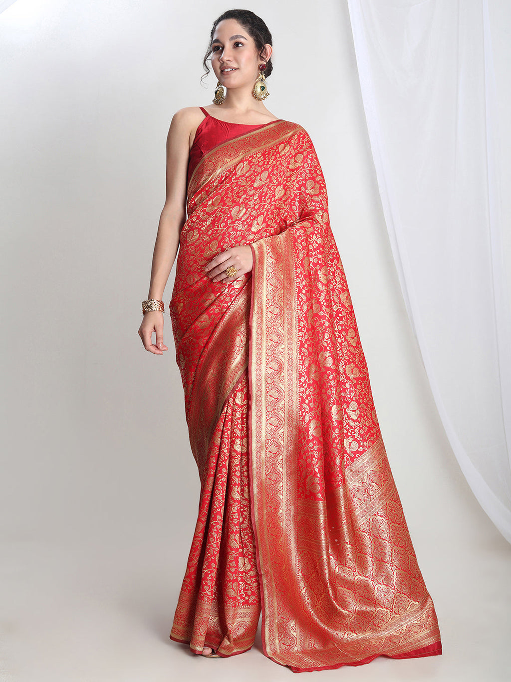 Janasya Red Silk Blend Floral Jacquard Saree - Distacart