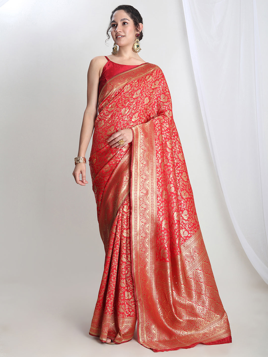 Janasya Red Silk Blend Floral Jacquard Saree - Distacart