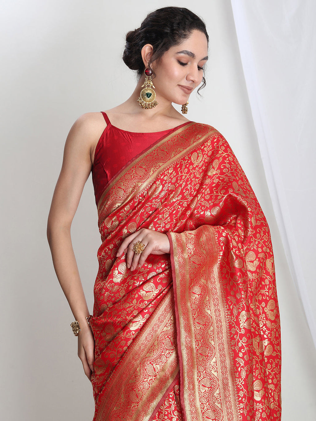 Janasya Red Silk Blend Floral Jacquard Saree - Distacart