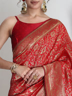 Janasya Red Silk Blend Floral Jacquard Saree - Distacart