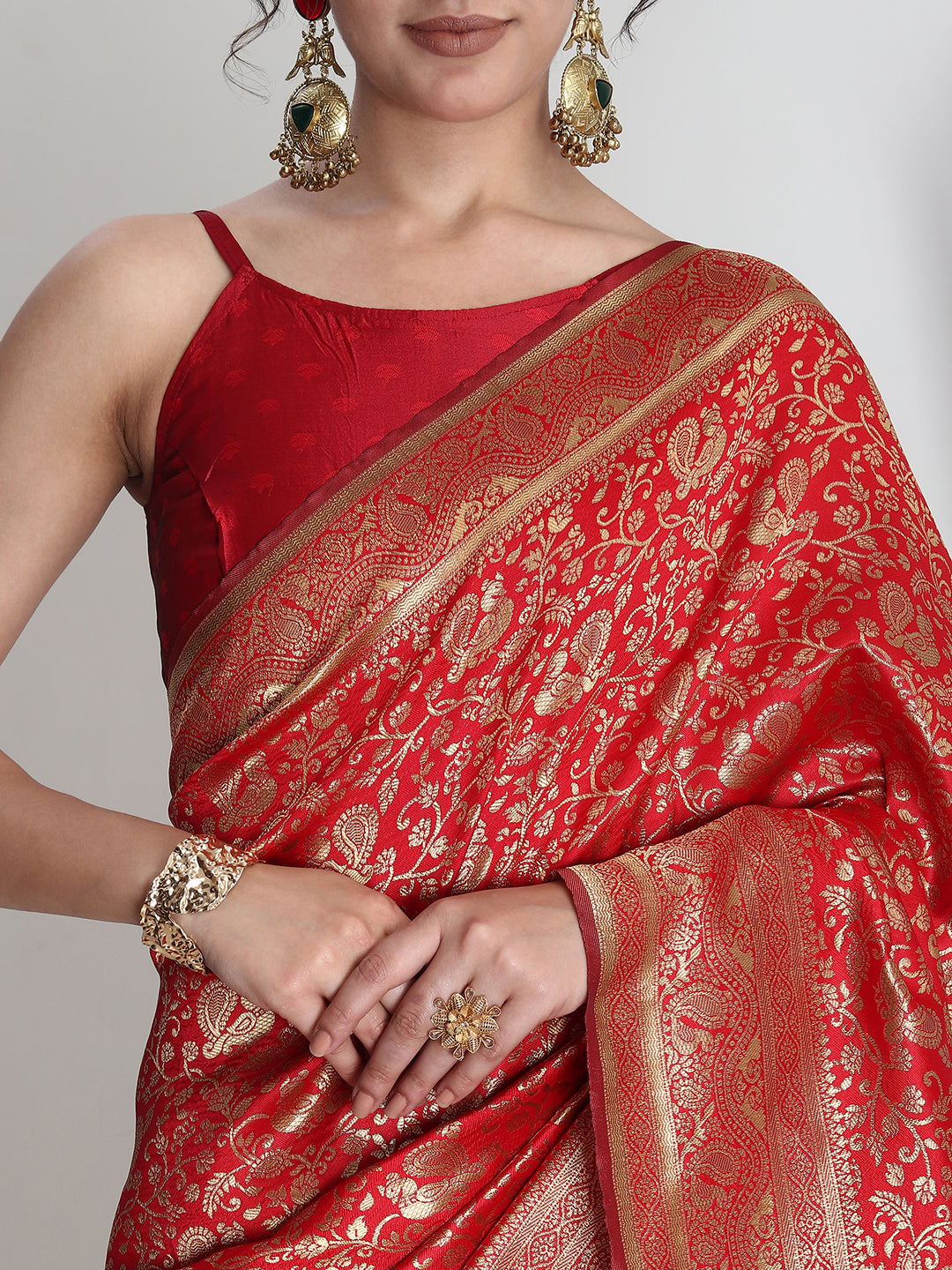 Janasya Red Silk Blend Floral Jacquard Saree - Distacart