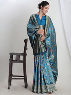 Janasya Teal Blue Silk Blend Floral Jacquard Saree - Distacart