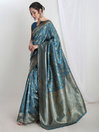 Janasya Teal Blue Silk Blend Floral Jacquard Saree - Distacart
