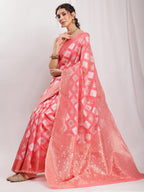 Janasya Navy Blue Silk Blend Geometric Jacquard Saree - Distacart