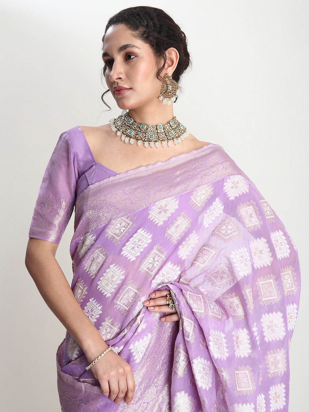 Janasya Lavender Silk Blend Geometric Jacquard Saree - Distacart