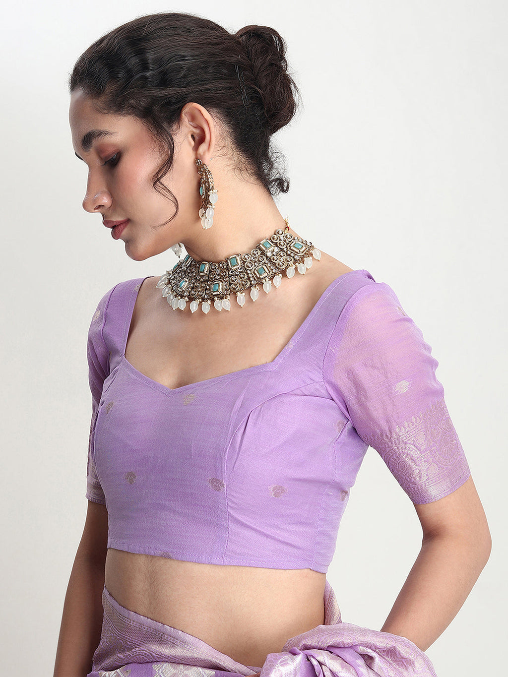 Janasya Lavender Silk Blend Geometric Jacquard Saree - Distacart