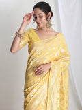 Janasya Yellow Silk Blend Floral Jacquard Saree - Distacart