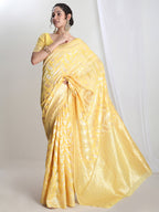 Janasya Yellow Silk Blend Floral Jacquard Saree - Distacart