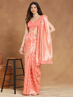 Janasya Peach Silk Blend Floral Jacquard Saree - Distacart