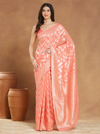 Janasya Peach Silk Blend Floral Jacquard Saree - Distacart