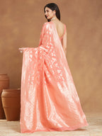 Janasya Peach Silk Blend Floral Jacquard Saree - Distacart