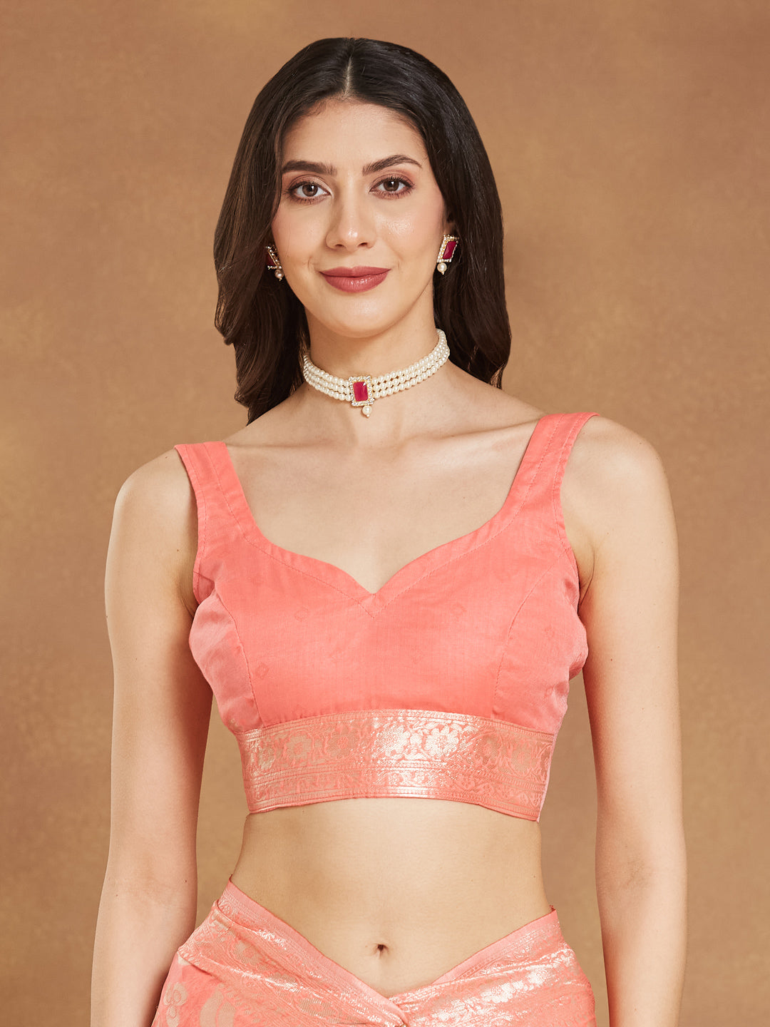 Janasya Peach Silk Blend Floral Jacquard Saree - Distacart