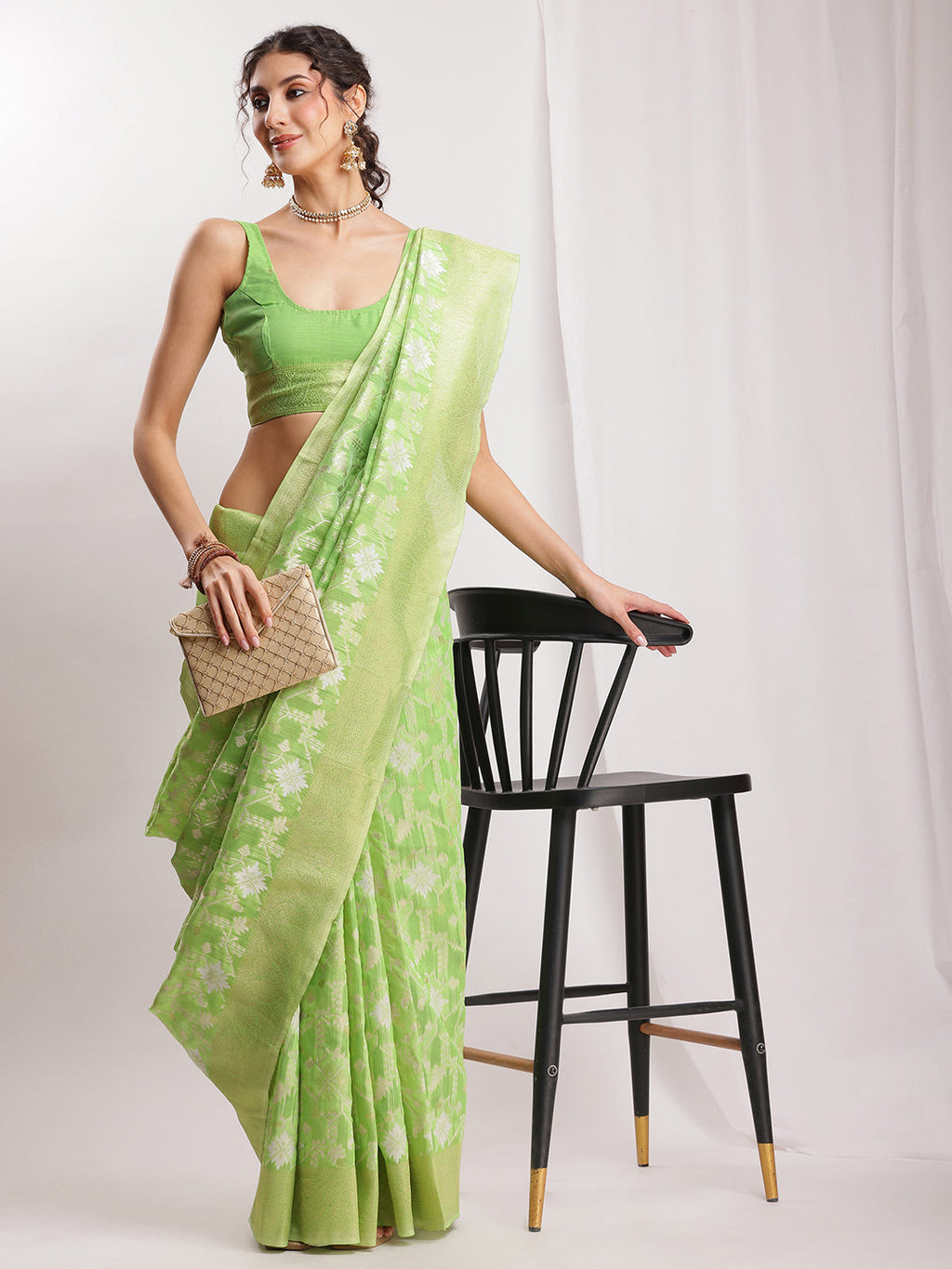 Janasya Green Silk Blend Geometric Jacquard Saree - Distacart