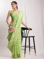 Janasya Green Silk Blend Geometric Jacquard Saree - Distacart