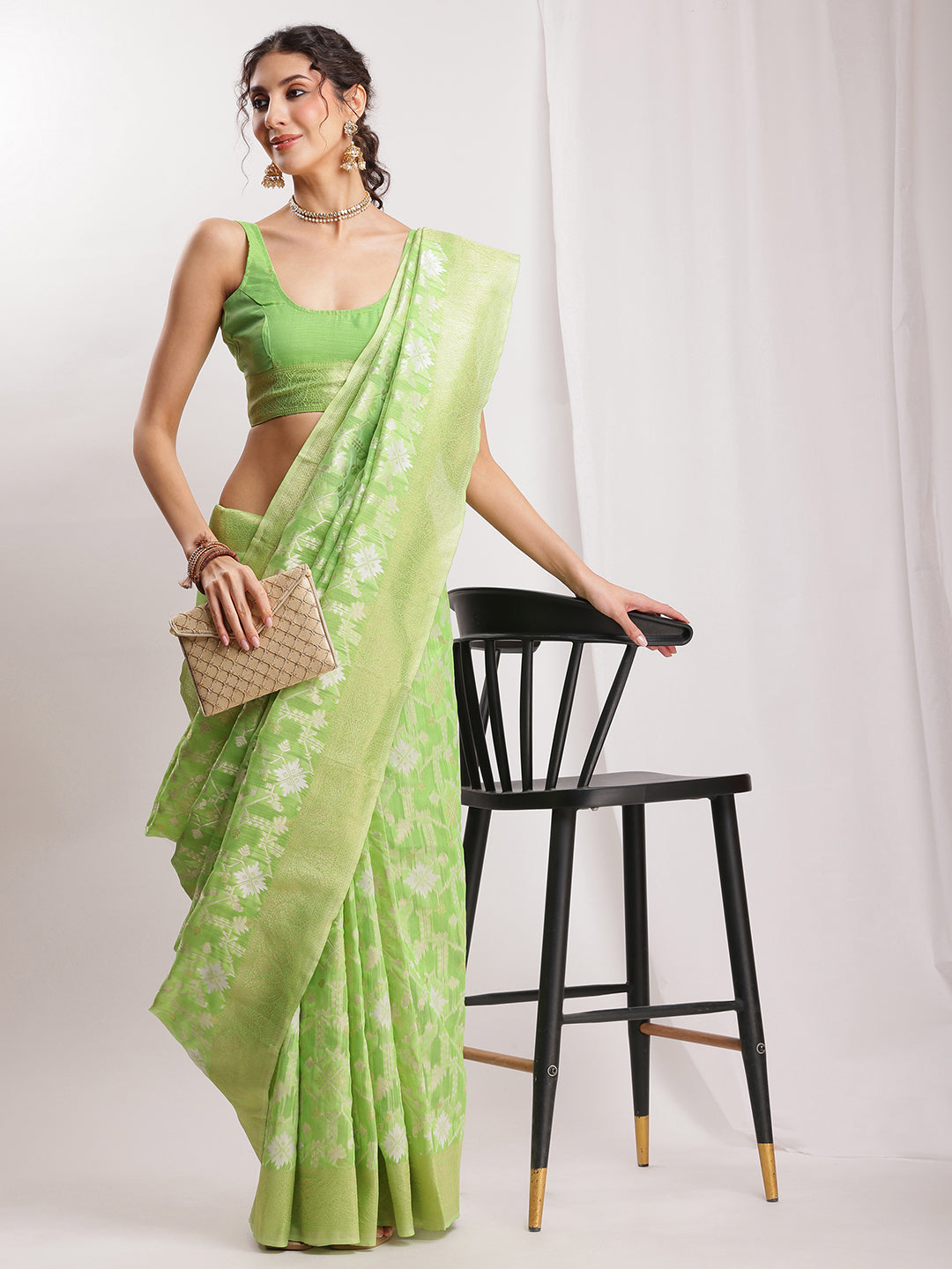 Janasya Green Silk Blend Geometric Jacquard Saree - Distacart