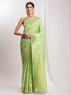 Janasya Green Silk Blend Geometric Jacquard Saree - Distacart
