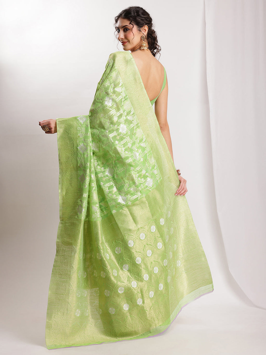 Janasya Green Silk Blend Geometric Jacquard Saree - Distacart
