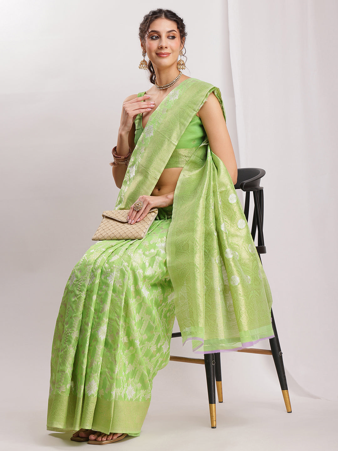 Janasya Green Silk Blend Geometric Jacquard Saree - Distacart
