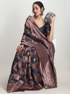 Janasya Dark Grey Silk Blend Floral Jacquard Saree - Distacart