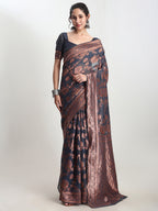 Janasya Dark Grey Silk Blend Floral Jacquard Saree - Distacart