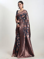 Janasya Dark Grey Silk Blend Floral Jacquard Saree - Distacart