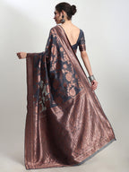 Janasya Dark Grey Silk Blend Floral Jacquard Saree - Distacart