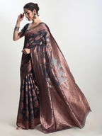 Janasya Dark Grey Silk Blend Floral Jacquard Saree - Distacart