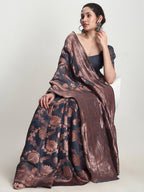 Janasya Dark Grey Silk Blend Floral Jacquard Saree - Distacart