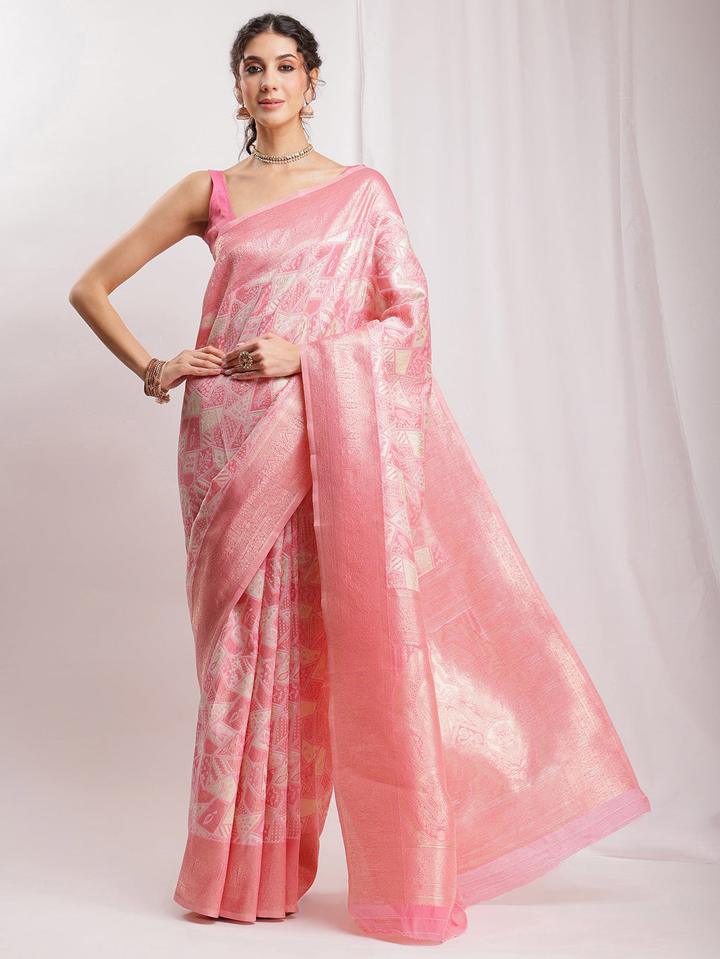 Janasya Peach Silk Blend Geometric Jacquard Saree - Distacart