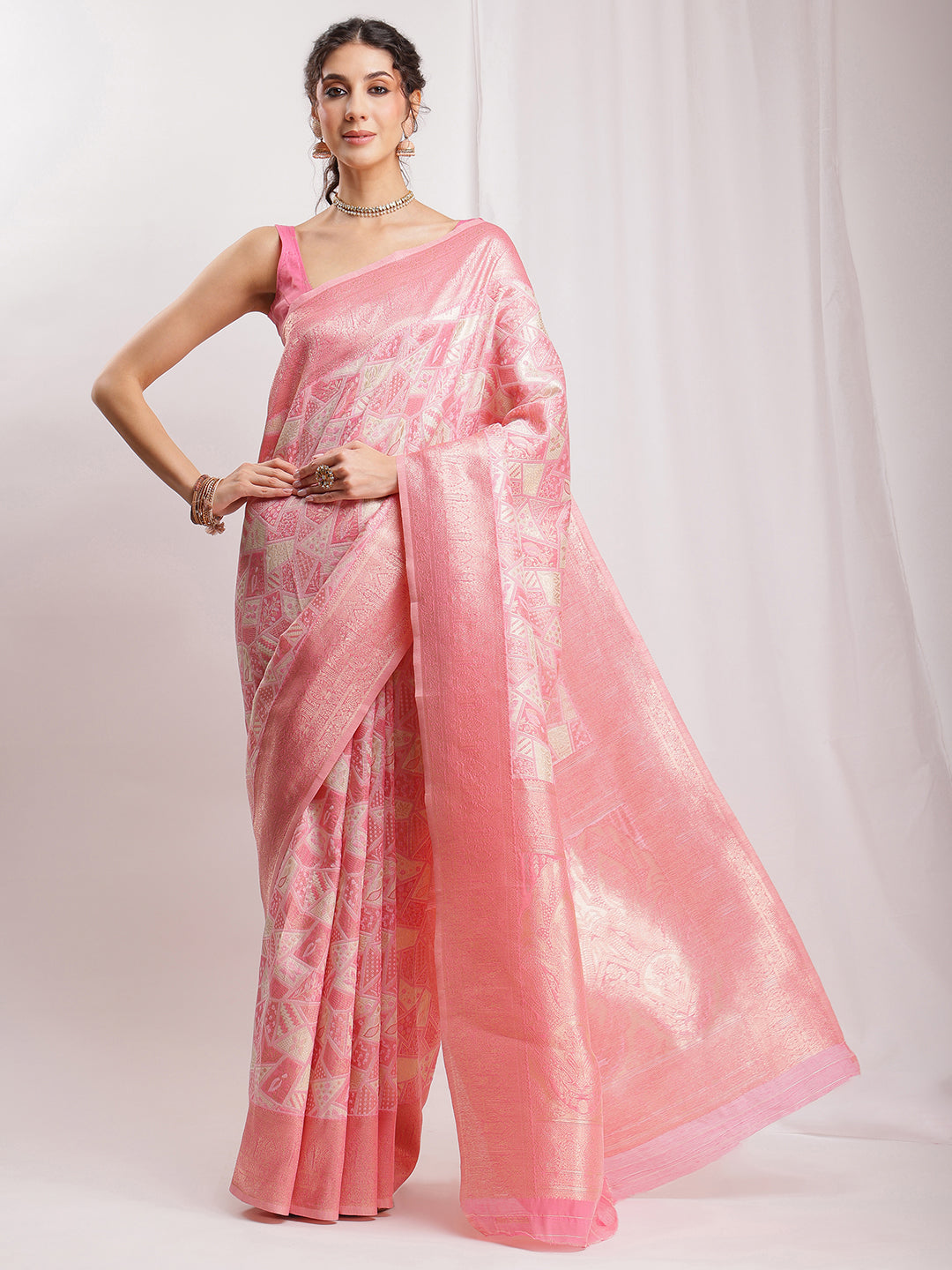 Janasya Peach Silk Blend Geometric Jacquard Saree - Distacart