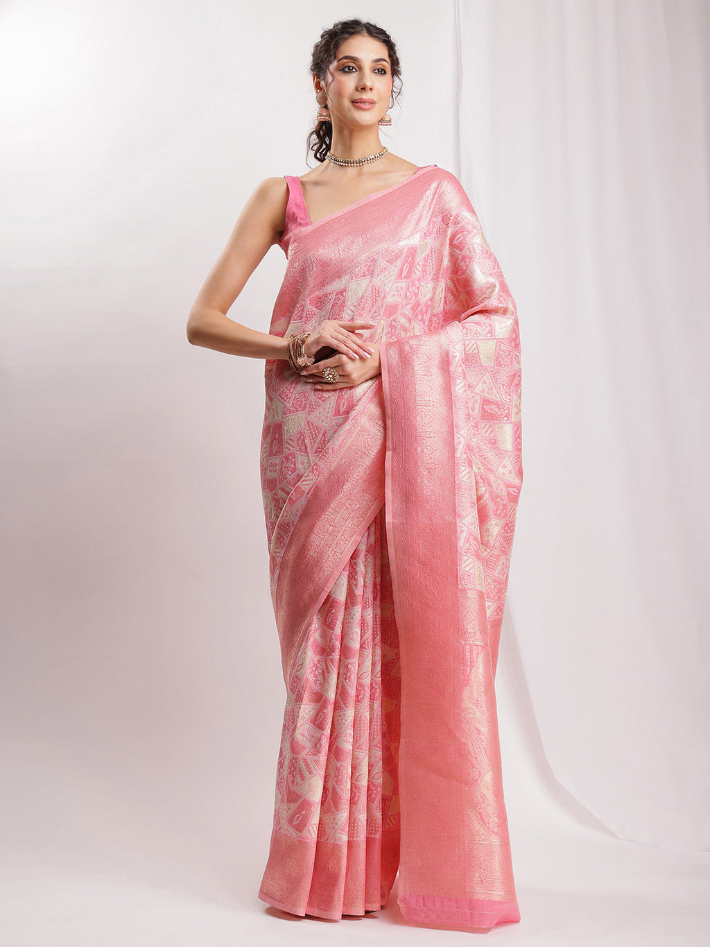Janasya Peach Silk Blend Geometric Jacquard Saree - Distacart