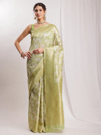 Janasya Green Silk Blend Geometric Jacquard Saree - Distacart