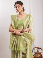 Janasya Green Silk Blend Geometric Jacquard Saree - Distacart