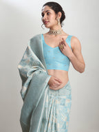 Janasya Sky Blue Silk Blend Geometric Jacquard Saree - Distacart
