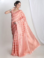 Janasya Peach Silk Blend Geometric Jacquard Saree - Distacart