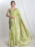 Janasya Green Silk Blend Floral Jacquard Saree - Distacart