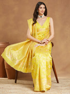 Janasya Yellow Silk Blend Floral Jacquard Saree - Distacart